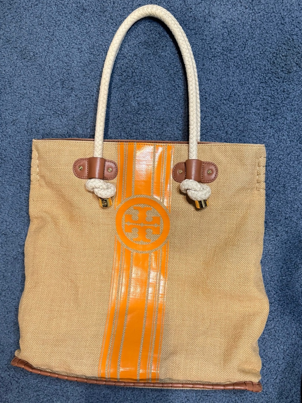 Tory Burch Beige Canvas Tote with Orange Logo Stripe and Rope Handles